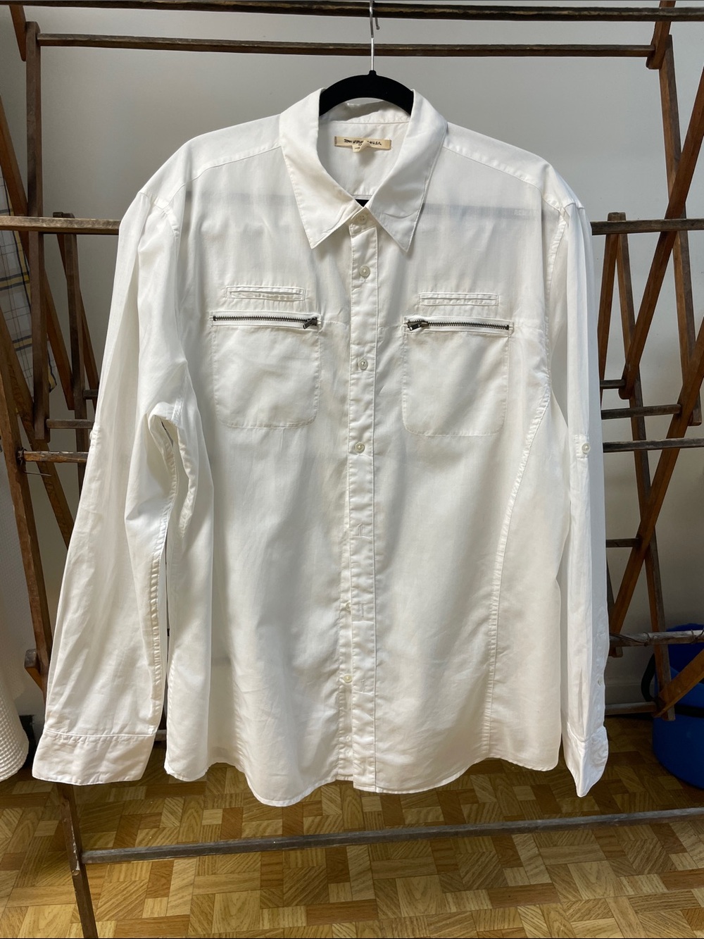 John Varvatos White Long-Sleeve Button-Down Shirt with Zipper Chest Pockets